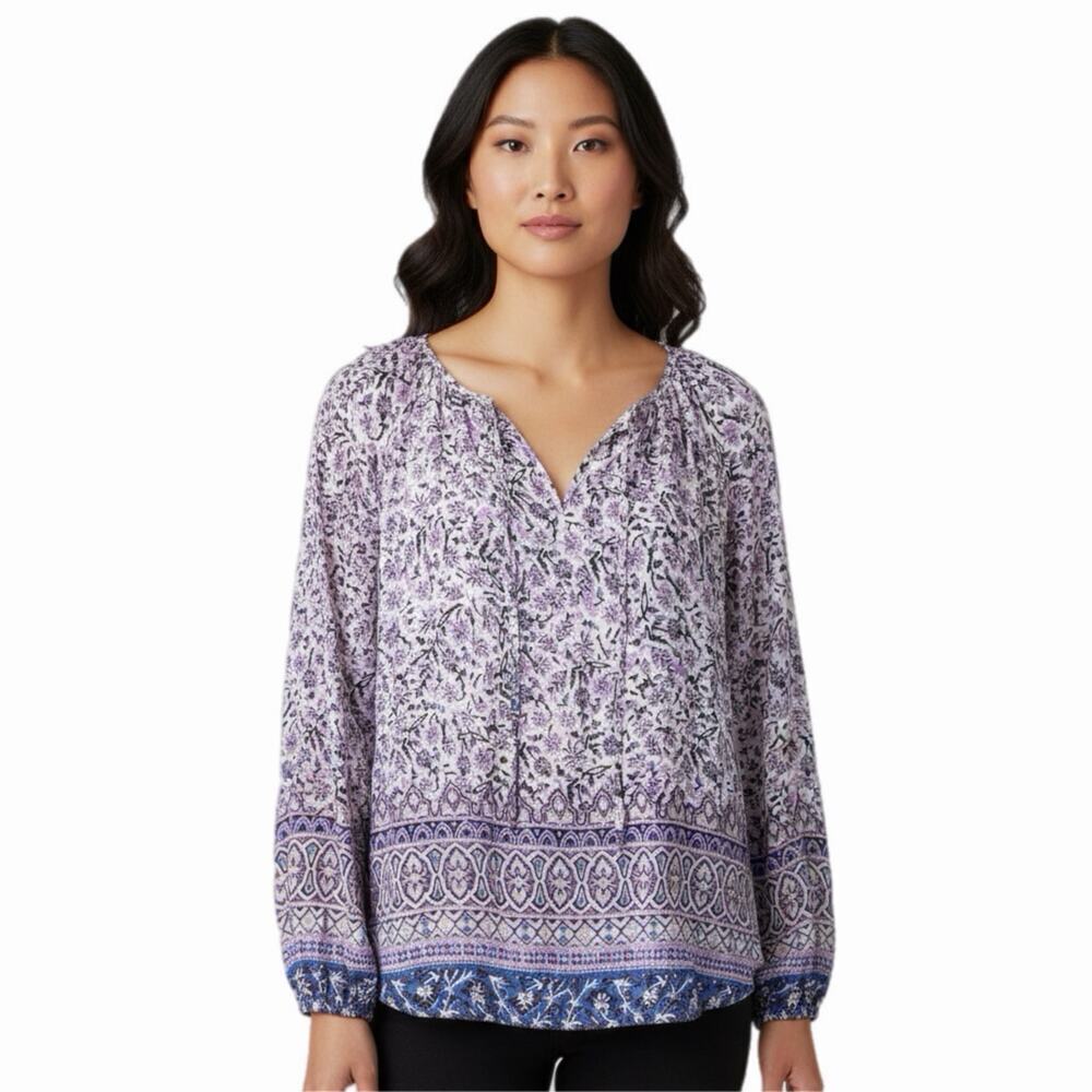 Lucky Brand Women's Peasant Top M Purple Blue Floral Geometric Print Long Sleeve